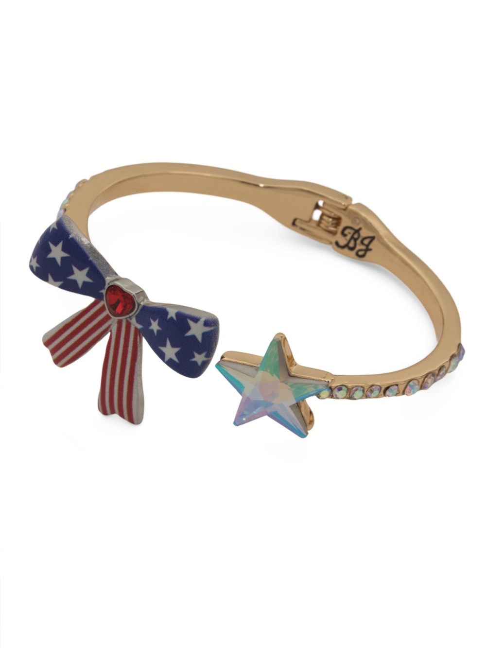 NWT Betsey Johnson Patriotic Bow & Star Gold Hinged Bangle Bracelet